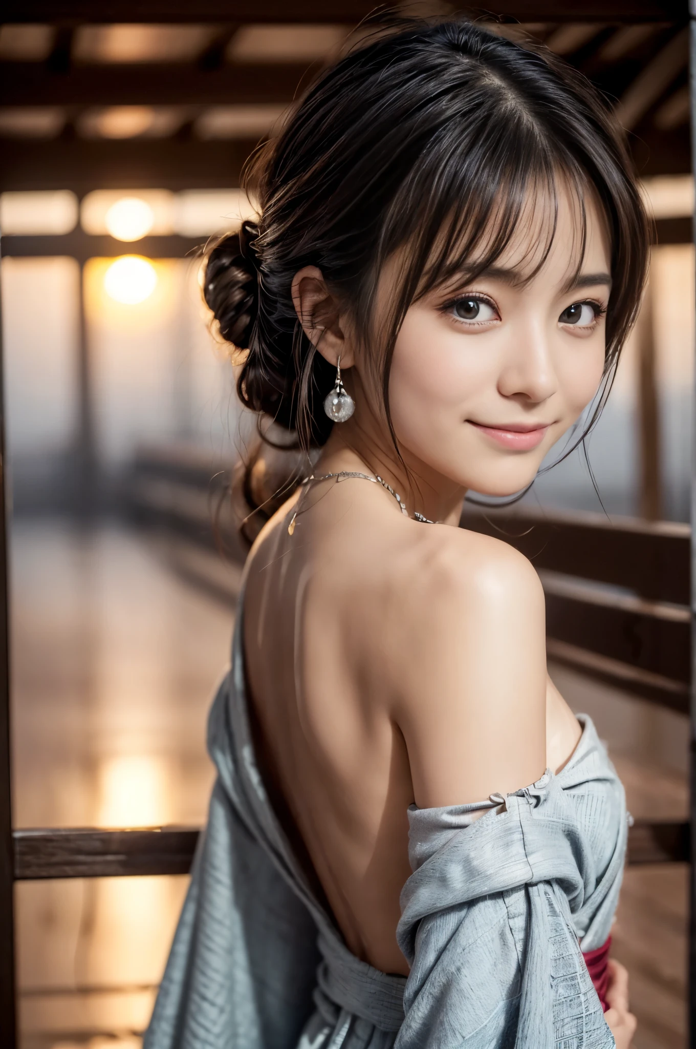 (Photoreal Stick:1.5, masutepiece:1.5, RAW shooting, 8K), (top-quality, masterpiece, 超A high resolution), morning, (Shoot with blur:1.7), (fog the lens:1.6), (reflect light onto the lens:1.7), ((sunrises, Sunlight coming in from behind:1.7, morning日の陽光が画面いっぱいに広がる:1.7)), ((morning日の陽光が女性を照らす:1.8)), ((画面全体がmorning日の陽光のせいで白く霞んで見える:1.8)), ((女性はmorning日の陽光でぼんやりして見える:1.9)), Face Sharp Focus:1.3, Professional camera work:1.3, Highly detailed skin and facial texture:1.3, Grow Light Effect, The ultra-detailliert:1.3, 1girl in, Fair skin, (Sense of clarity:1.4, a small face), Extremely beautiful face:1.5, (Sense of clarityを感じる目:0.9, looking distantly), A smile:1.0, i love you completely:0.8, (Slightly open mouth:0.4, Sense of clarityを感じる口当たり:0.7), 二重まぶた, Dark brown medium hair, necklace and earrings, (Japanese silver kimono, off shoulders)