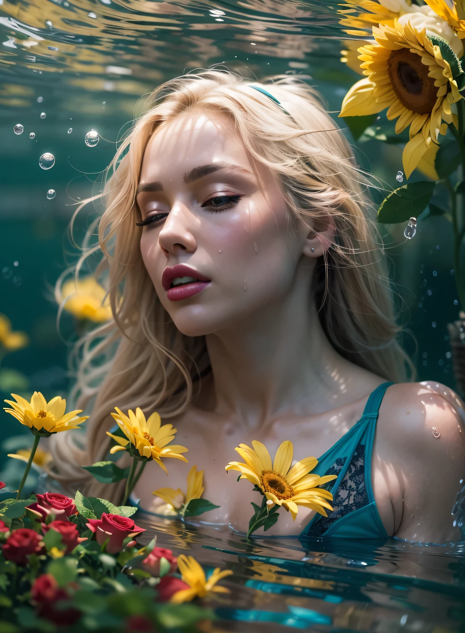 (photorealistic:1.4),8k(Face Focus: 1.1), (Yellow, blue: 1.3), ukrainian girl in a dress that is in the water, closeup fantasy with water magic, fine art fashion photography, sunflowers, roses, monia merlo, inspired by irakli nadar, inspired by irakli nadar, inspired by Franz Xaver Winterhalter, with blooming flowers around her, inspired by Tatiana Hordiienko, jean-sebastien rossbach, karol bak uhd, vynok, vyshyvanka bikni, pom-poms, roses, dreamy, seductive, (very young) (beautiful), blonde hair at length of chin, small breasts, tiny body, skinny body, petite body,, (transparent) (loose) (wet) (singlet) (see through), (no bra), (mini bikini) ,(transparent materials), (red lipstick), (seductive), (erotic), (flirty),(topless:1.5), (full body:1.5)
