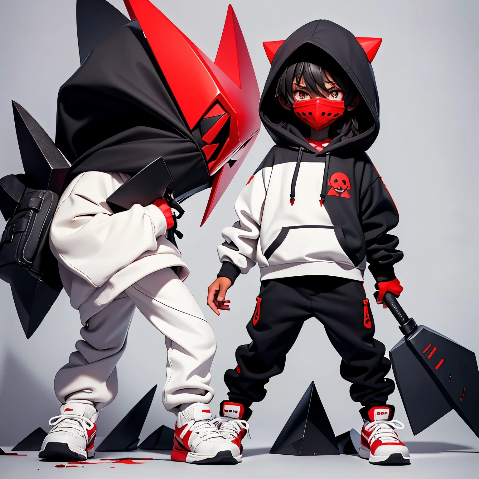 A short dark black boy with a Big pickax with the mask with white pupils and a red bloody teeth on the mask with black hoodie, black pants and white shoes