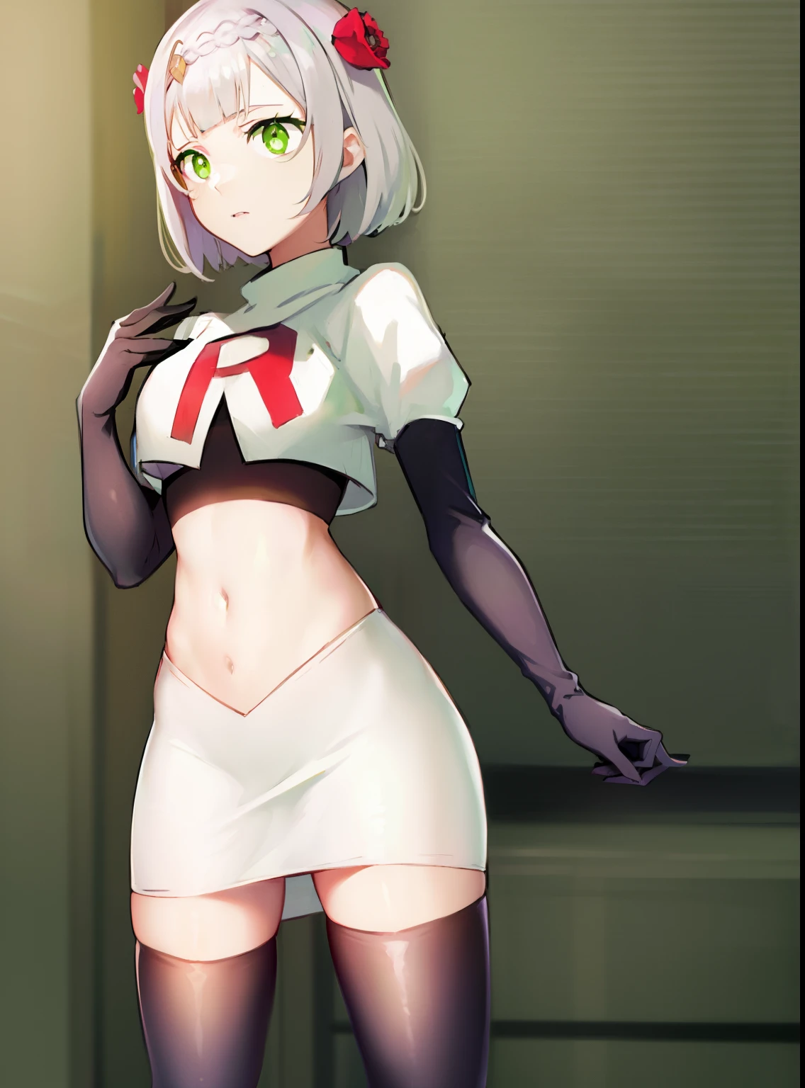 genshinnoelle, noelle, braid, flower, hair flower, hair ornament, short hair, silver hair, (green eyes:1.5),team rocket,team rocket uniform,white skirt,crop top,black thigh-high boots,black elbow gloves,