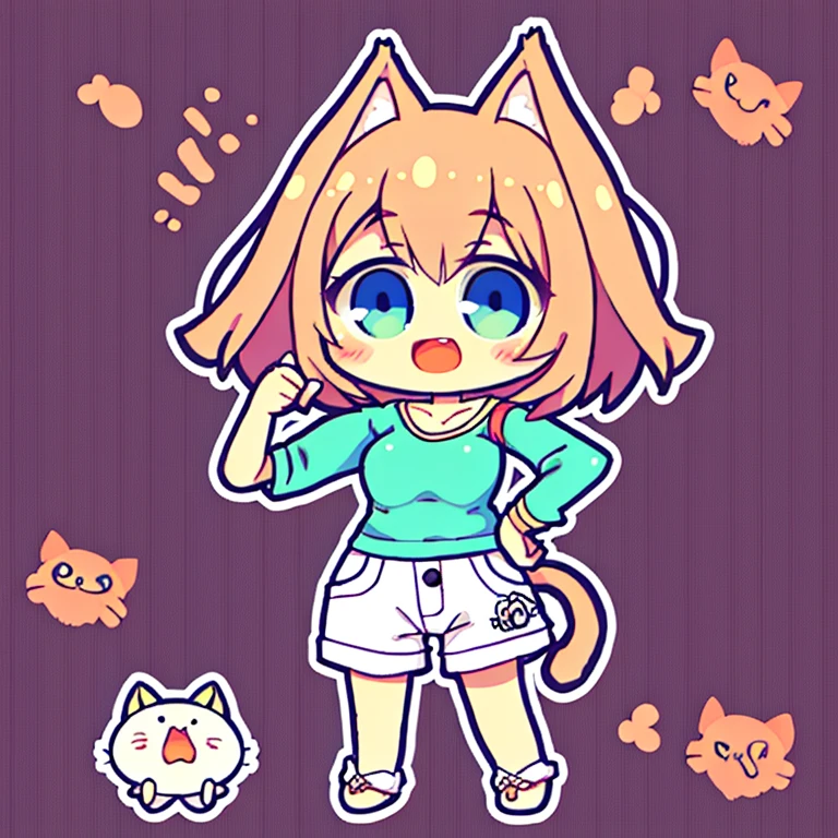 best quality, master part, 1girl, Chibi, orelhas de gato, camisa cinza, short saia cinza, cabelo curto preto, Olhos cinzentos, luvas longas, sorrir