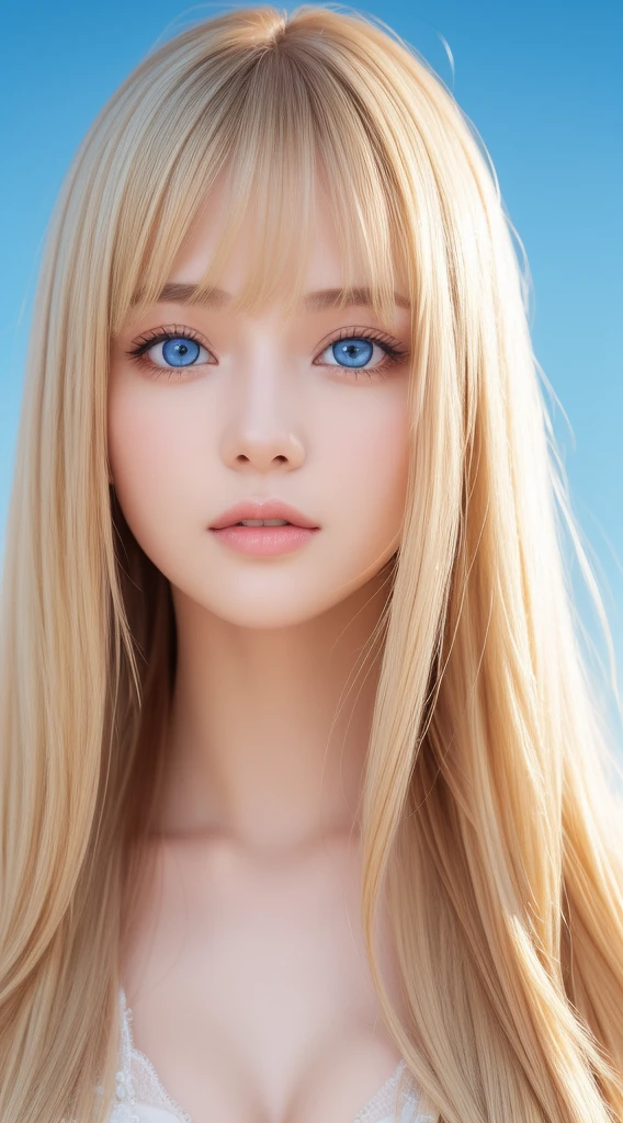 A beautiful girl with super long bright blonde hair、bangs between the eyes、masutepiece, Best Quality, Illustration, Ultra-detailed, finely detail, hight resolution, 8K Wallpaper, Perfect dynamic composition, Beautiful detailed bright sparkling pale sky blue eyes,extremely big eyes、 Women's Fashion Summer,Super Long Hair,huge tit、Natural Color Lip, Bold sexy poses,,Cute、20 years girl、Small Face Beautiful Girl、Sexy shot looking at camera、cheek gloss highlight