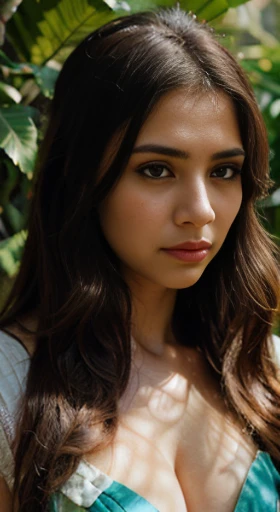 (best quality,ultra-detailed,photorealistic),young woman,beautiful eyes,detailed lips,pensive expression,soft lighting,vibrant colors,,long flowing hair,stylish indian outfit, jungle background,colorful flowers,natural sunlight,serene atmosphere, sad face, hourglass figure, 4k details,