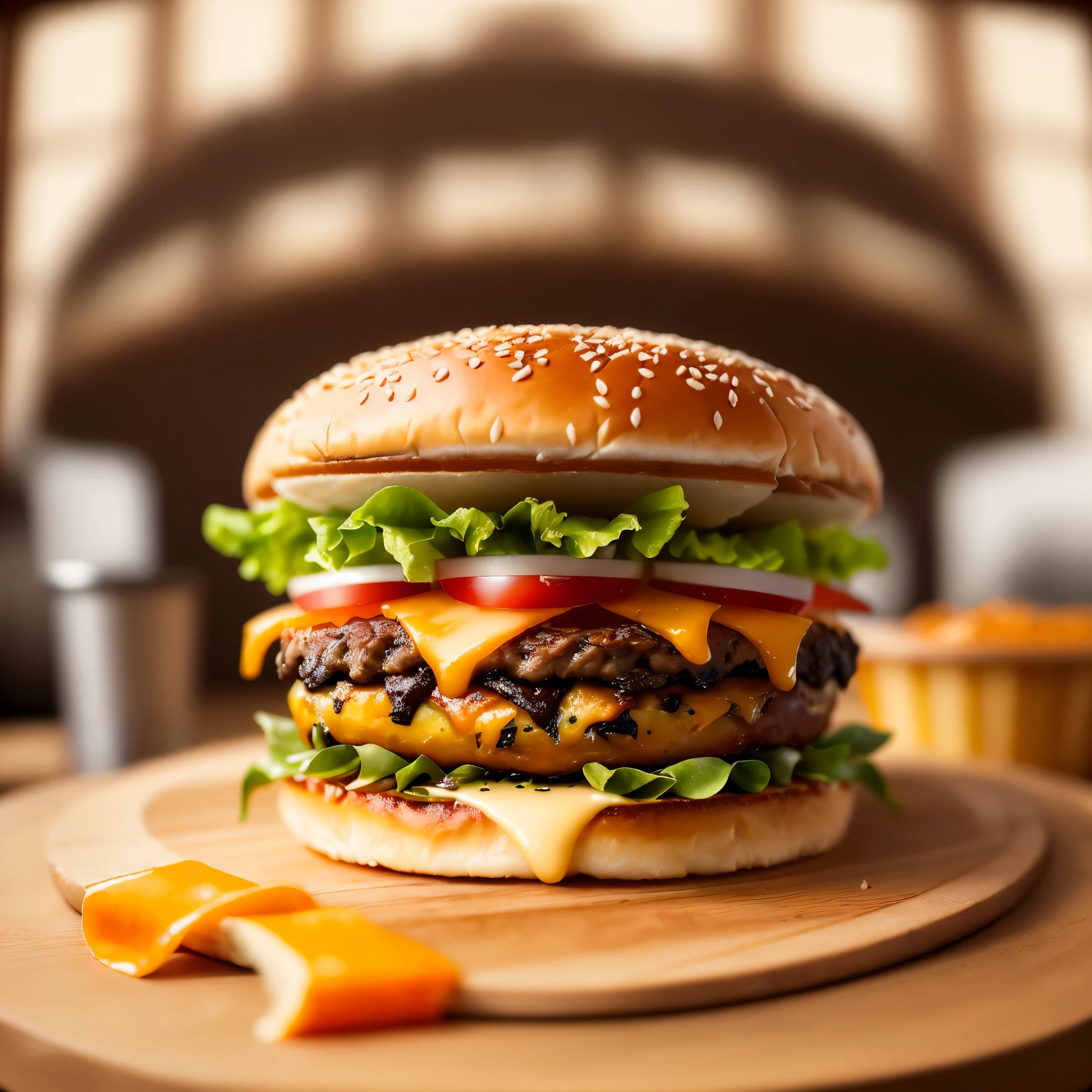 (Masterpiece:1.3), (best_quality:1.3), (ultra_detailed:1.3), 8K, extremely_clear, Realism, photo of a delicious burger with 1meat, lettuce, tomato and cheddar cheese, (rustic dinner background), hdr, (intricate details, hyper-detailed:1.15), ice cream