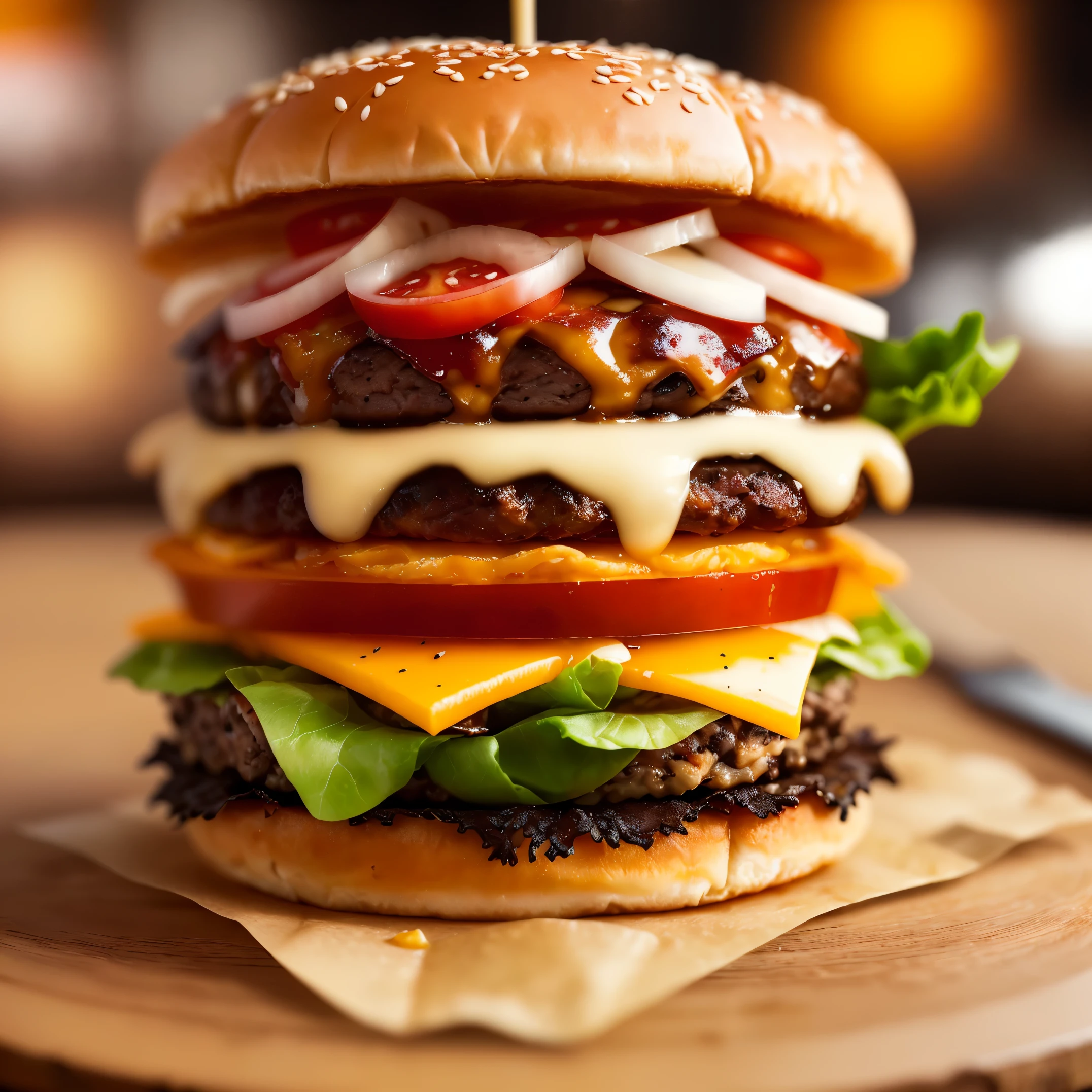 (Masterpiece:1.3), (best_quality:1.3), (ultra_detailed:1.3), 8K, extremely_clear, Realism, photo of a delicious burger with 1meat, lettuce, tomato and cheddar cheese, (rustic dinner background), hdr, (intricate details, hyper-detailed:1.15), ice cream