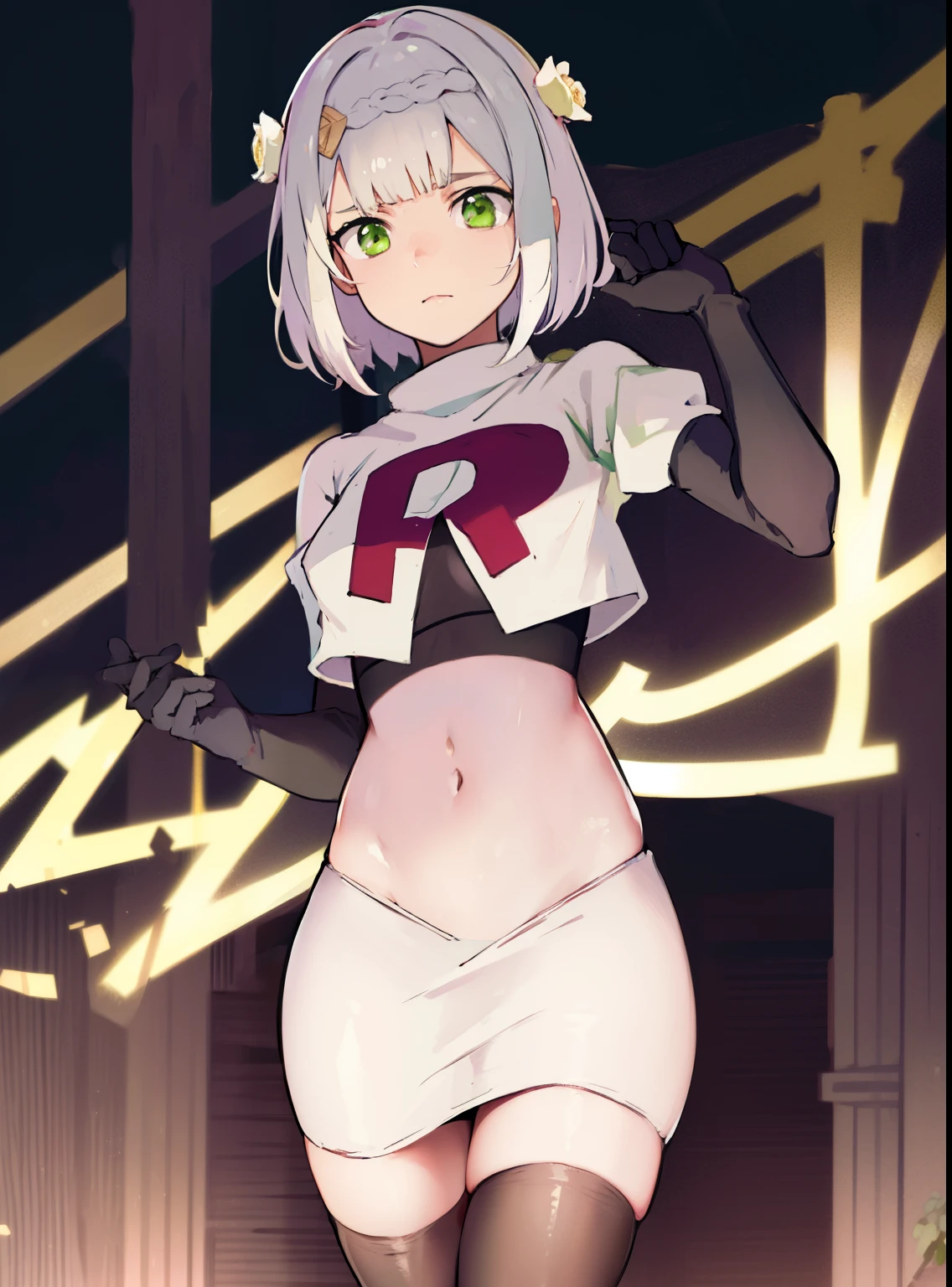 genshinnoelle, noelle, braid, flower, hair flower, hair ornament, short hair, silver hair, (green eyes:1.5),team rocket,team rocket uniform,white skirt,crop top,black thigh-high boots,black elbow gloves,
