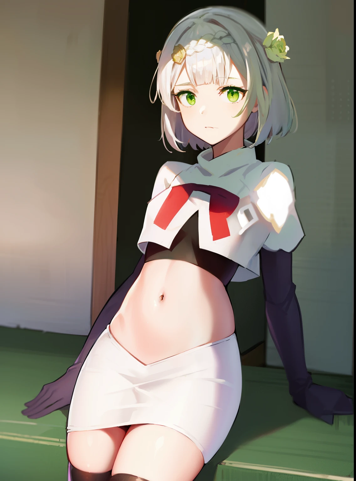 genshinnoelle, noelle, braid, flower, hair flower, hair ornament, short hair, silver hair, (green eyes:1.5),team rocket,team rocket uniform,white skirt,crop top,black thigh-high boots,black elbow gloves,