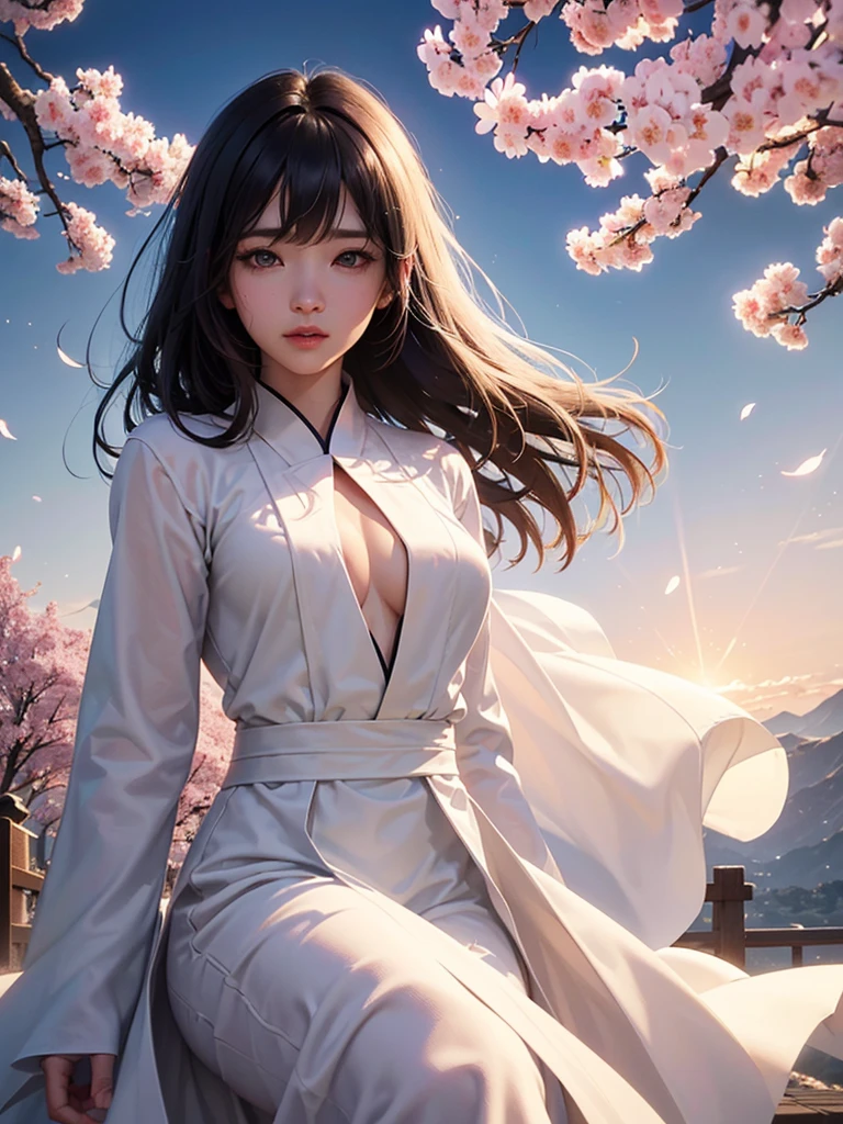 (A logo、masterpiece、8K、masutepiece、Raw photo、Fantastic、Best Quality、フォトリアリスティックでighly detailedな CG 統合 8k 壁紙、hightquality、ighly detailed、epic poem、Particle effect、Dynamic effects、depth of fields、Cinematic Light、Lens Flare、Ray tracing)、Fantasia、 (1 beautiful woman in a white coat、robe blanche、Japanese dress、A dark-haired、Beautiful face、Real Face、beautiful details eyes beautiful skin)、Hair flutters in the wind、Hair jumps、Pink cherry blossom tree、Petals flutter、Sakura blizzard、Superb view、morning glow、Sun in the background、the wind、Deities、tusk、Deities話、Vast Land、