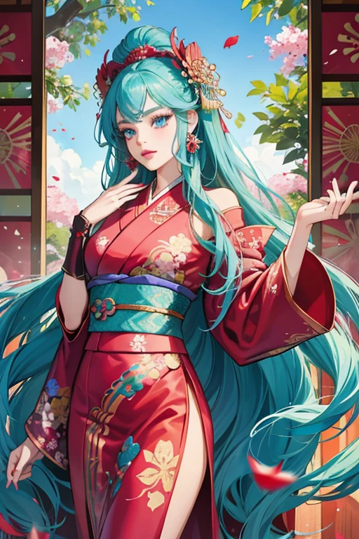 she has long turquoise hair that reaches her waist, blue eyes that are distinctively slanted at a downward angle and she wears fuchsia lipstick on her prominent lips. She wore an extremely opulent red furisode kimono that sparkles in the sunlight with the sleeve adorned with a peacock and flowers on it. She also had red-painted fingernails.