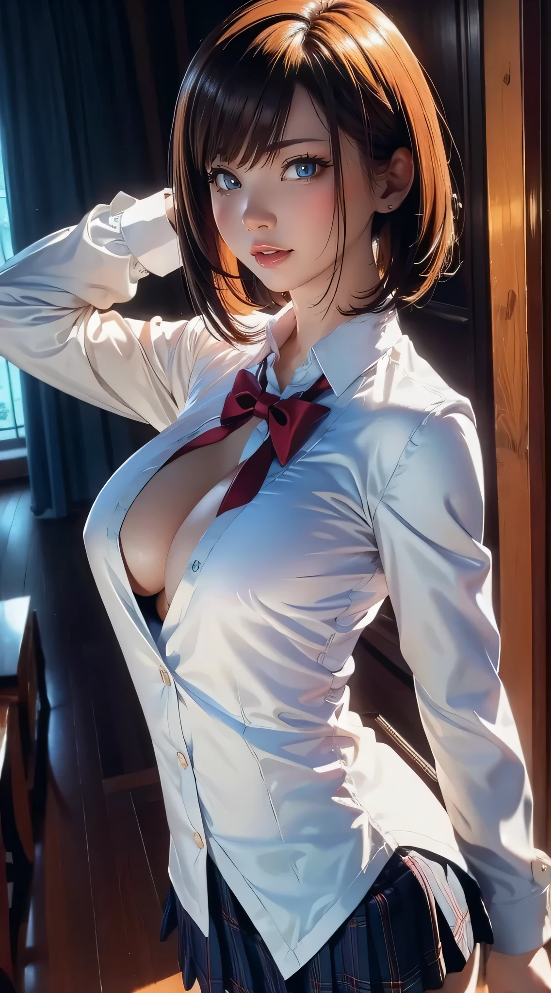 ((8K, photo RAW, SuperiorQuality, tmasterpiece), HD RAW color photo professional close-up Photograph, (realisticlying, rendering: 1.37), (Highest quality), (better shade), (Most Best Illustration), 鎖骨 ((The large)), ((Erotic, Sexy, 超高分辨率, 8K HD unified CG wallpaper, Physical representation, Movie lighting), (aegyo sal: 1), 18 years old girl, (grey blazer, tape, sockes, High School Uniforms: 1.2), Junior High School Classroom, beatiful detailed eyes, light in face, ((fully body photo: 1.2)), especially strong light, (Upper Eye, Smiling smile: 1.2), glowy skin, (((brunette color hair, Cabello Bob: 1.2))), (Thigh thick), ulzang-6500-v1.1: 0.2, bashful, (Flash: 1.2), NSFW , (swollen), ((tempting pose: 1.2, attractiveness: 1.2)), (invalid), (sitting at a desk in classroom: 1.2)), ((Good anatomy: 1.2)), ((Bright and refreshing classroom background blurred: 1.2)), s the perfect face, beautiful face, (high-angle shot: 1.2)S., Natural side lighting, Canon EOS R50 camera 50mm lens,(see-through transparent clothes:1.3)