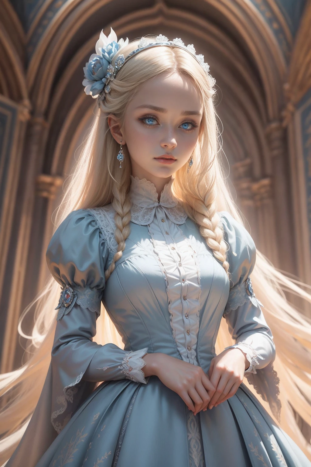 { - erro de anatomia}(Masterpiece - Ultra-Detailed, High Resolution) Prepare to be enchanted by a true masterpiece that combines ultra-detailed art with high-resolution rendering. This work shows a mesmerizing girl with long blonde hair (1.3) and captivating light blue eyes (1.2), emanating an aura of elegance and mystery. The intricate details and realistic textures invite you to explore every aspect of this enchanting composition. Girl wearing classic Victorian costumes. Light blue dress. Red lips. Backwards, looking back Get ready to dive into a world where beauty and craftsmanship merge perfectly.