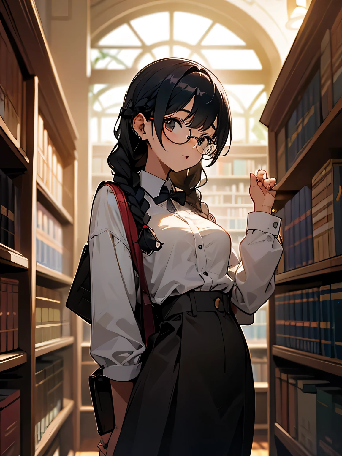 young cute girl, Glasses, Braids, Black hair, Piercing, Library, show off breasts