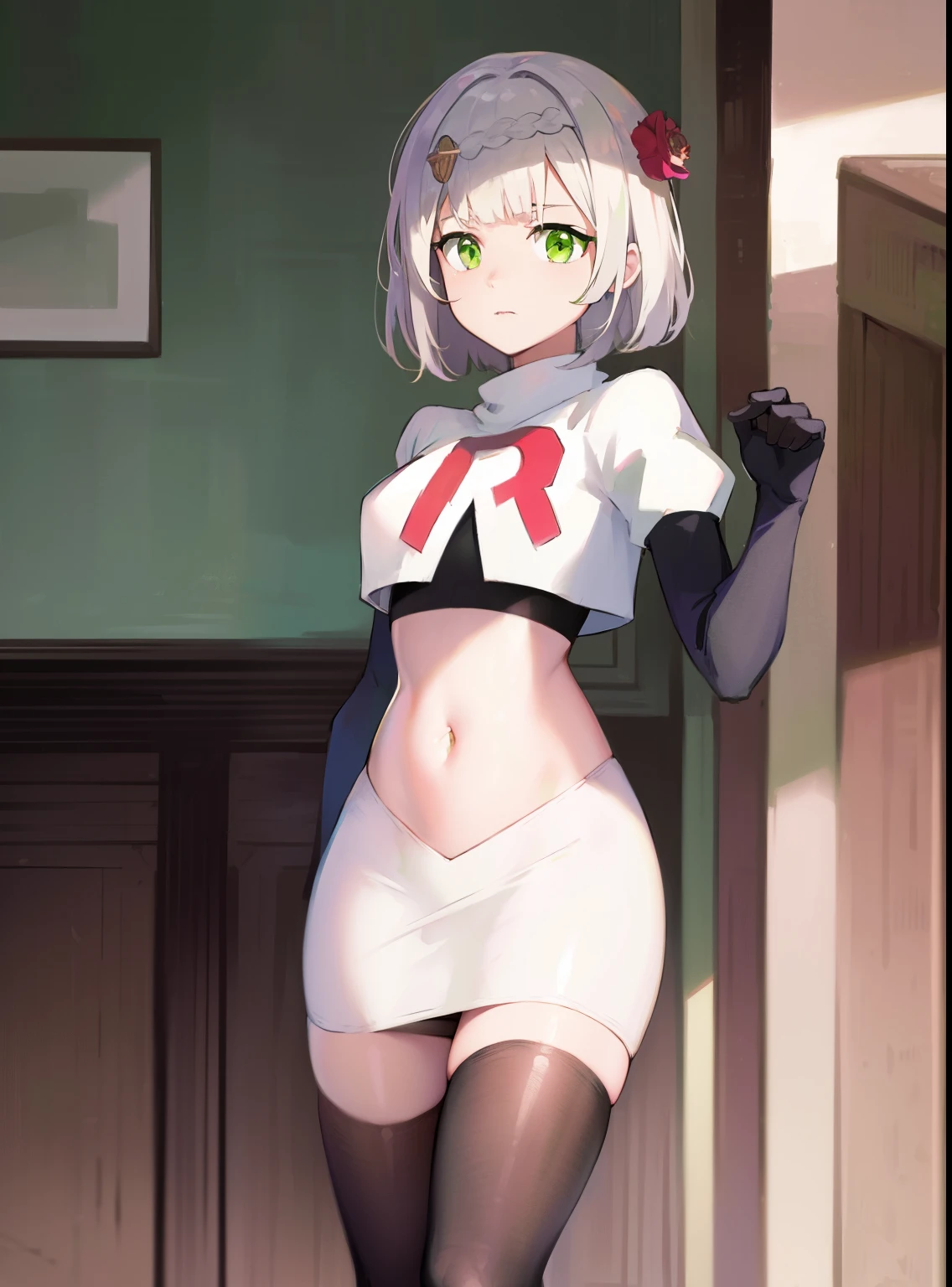 genshinnoelle, noelle, braid, flower, hair flower, hair ornament, short hair, silver hair, (green eyes:1.5),team rocket,team rocket uniform,white skirt,crop top,black thigh-high boots,black elbow gloves,