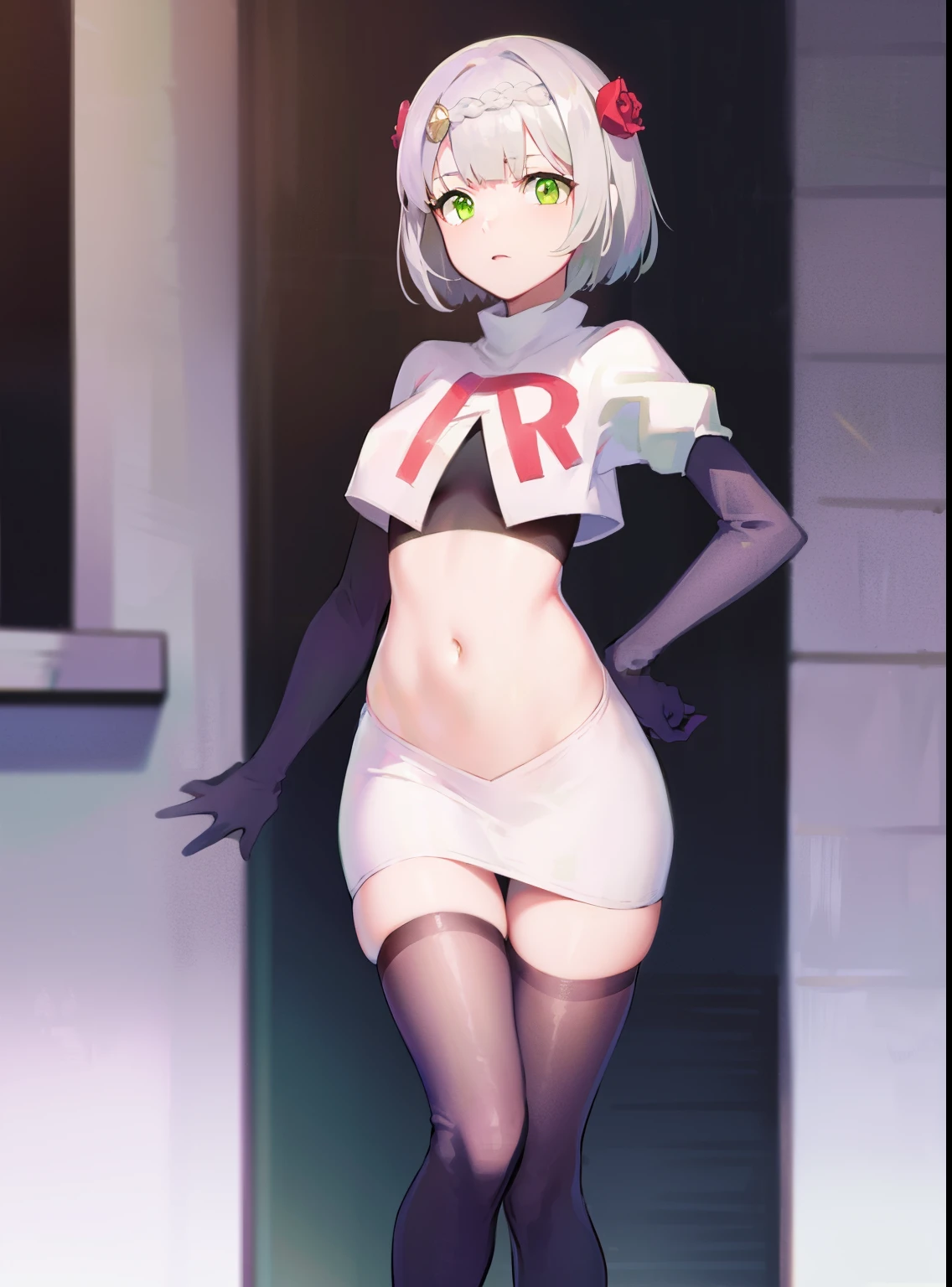 genshinnoelle, noelle, braid, flower, hair flower, hair ornament, short hair, silver hair, (green eyes:1.5),team rocket,team rocket uniform,white skirt,crop top,black thigh-high boots,black elbow gloves,