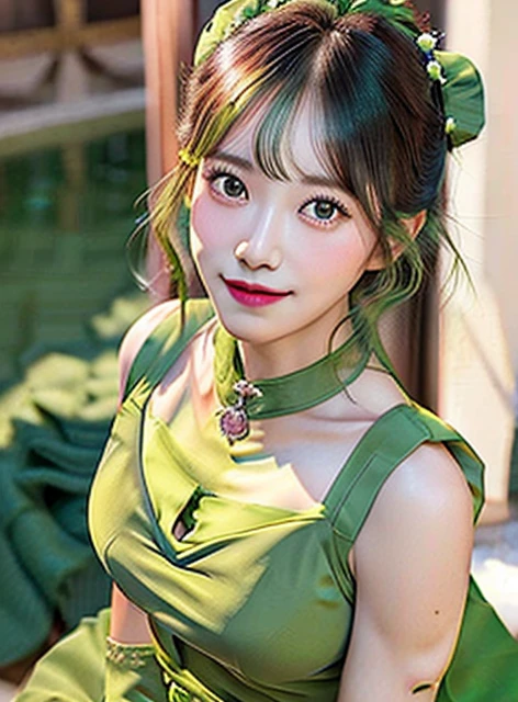 extremely detailed 8K CG unity wallpaper, best quality, masterpiece, raw photography, realism, photorealistic, ultra-high resolution, ultra high res, (depth of field, sharp focus:1.3), (correct anatomy:1.5), (intricately detailed face, natural skin texture:1.4), (perfect body:1.5), ((from front view, cowboy shot, looking at viewer:1.4)), 1 girl, solo, Japanese teen, , black hair, curled hair, (SINGLE hair bun:1.3), highly detailed skin, shiny skin, realistic eyes, brown eyes, narrow eyes, tall nose, beautiful nose and lips, pink lipstick, (shyly smile:1.2), ((open chest dress, green dress:1.5)), ((long gloves:1.2)), (cleavage:1.1), tall, slender, medium breast, standing, ((indoor, mansion, party:1.4))