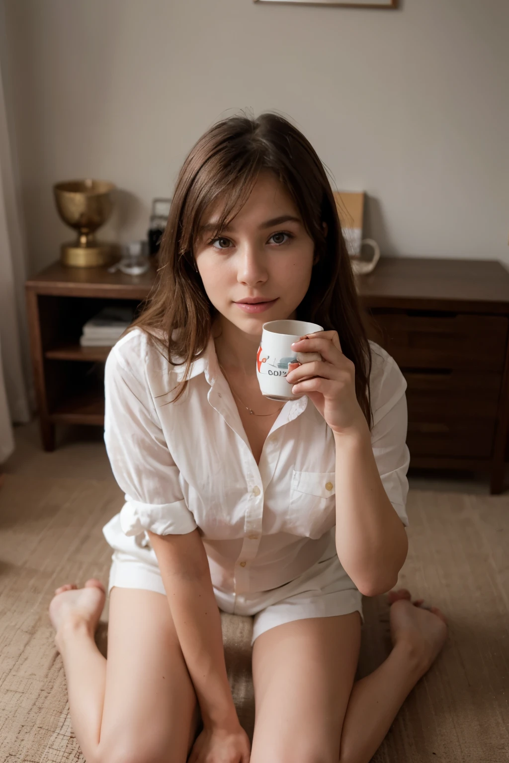Beautiful girl, wearing a white men's button-down shirt, white shorts, sitting on a chair on all fours, holding a cup of tea in both hands.