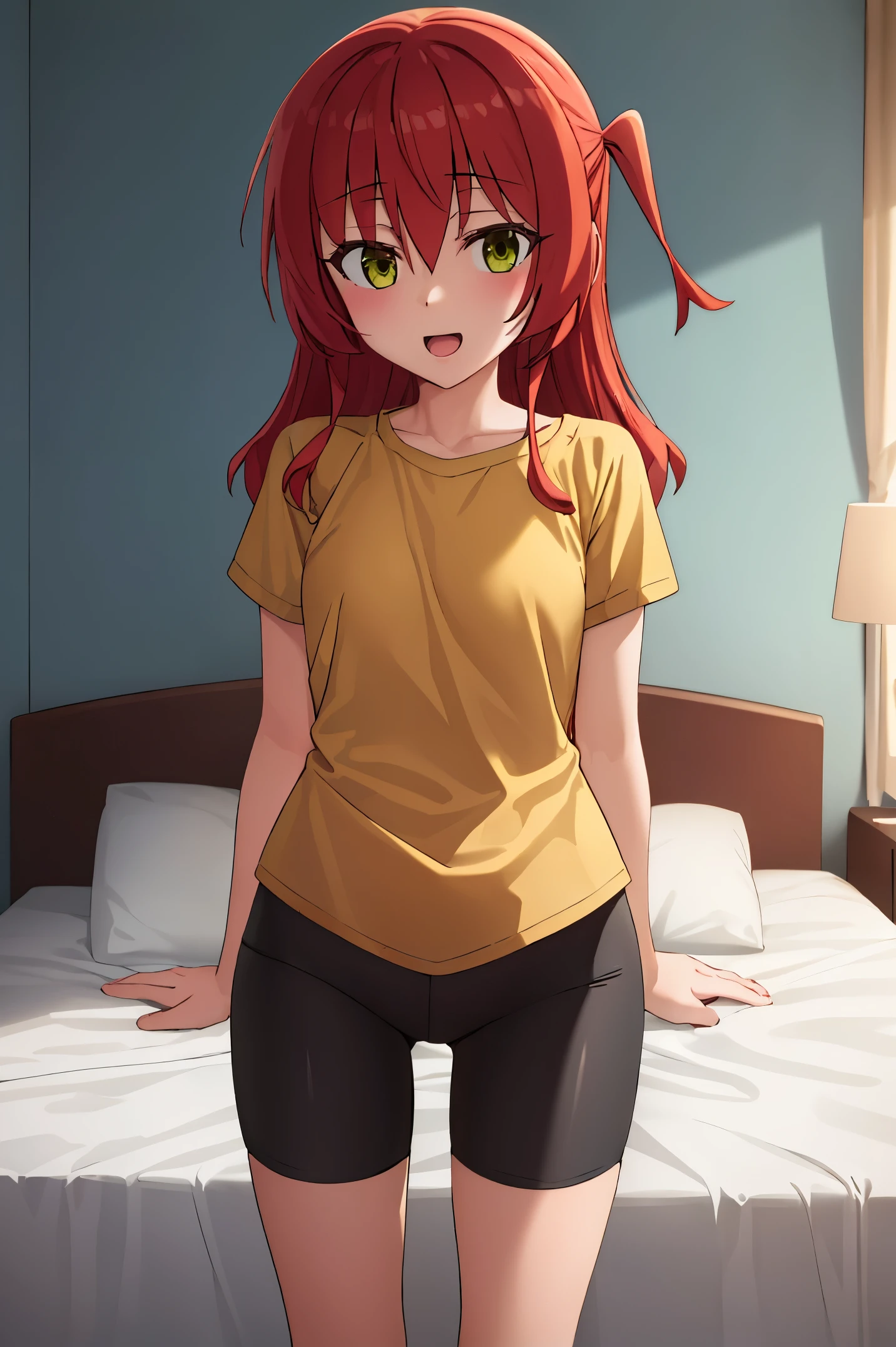 1 girl, best quality, ultra high res, long hair, red hair, green eyes, looking at viewers, small breast, standing, pov, slim body, body, small body, smile, open mouth, yellow shirt, short sleeves, bike shorts, bedroom, white bed sheets,