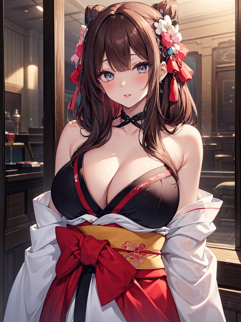 (masutepiece, Best Quality: 1.4), (max resolution: 1.2), (Ultra HDTV: 1.2), cinematric light, 8K resolution, Detailed eyes and skin, detailed facial features, Perfect limbs, Perfect fingers, Anatomically accurate body, Fingers in natural shape, Realistic texture, (The focus is on the entire upper body:1.7), (28 year old), (Beautiful kimono, beautiful kimonos:1.3), (Mature Pose:1.1), Perfect Style, (Beautiful face, kawaii eyes, Clear eyes, realisticeyes), acurate, Anatomically correct, Highly detailed face and skin texture, Detailed eyes, Double eyelids, Thin eyebrows, Glitter Eyeliner: 1 Natural cheeks, Glossy skin, Fair skin: 1.2, (Glossy lips: 1.4), (Shy look: 1.2), (#Slim waist), Full body like:1.8, (red blush, embarrassed from:1.1), (shiny lips: 1.1), (large full breasts:1.7), red blush, Neat and clean woman, ((25-years old)), person flowing diagonally, Brown hair, curlyhair, Fetishes, Lustrous hair), (Cute hair ornament),