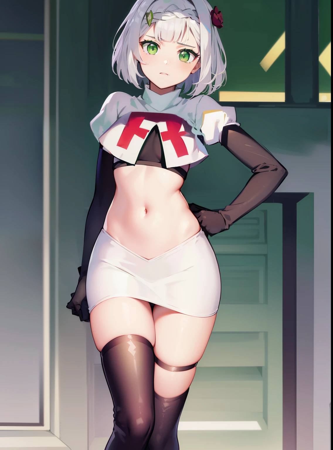 mio \(xenoblade\), 1girl, animal ears, yellow eyes ,grey hair, braid ,glossy lips, light makeup, eye shadow, earrings ,team rocket,team rocket uniform, red letter R, white skirt,white crop top,black thigh-high boots, black elbow gloves,evil smile, looking down on viewer, pantie shot, hands on hips