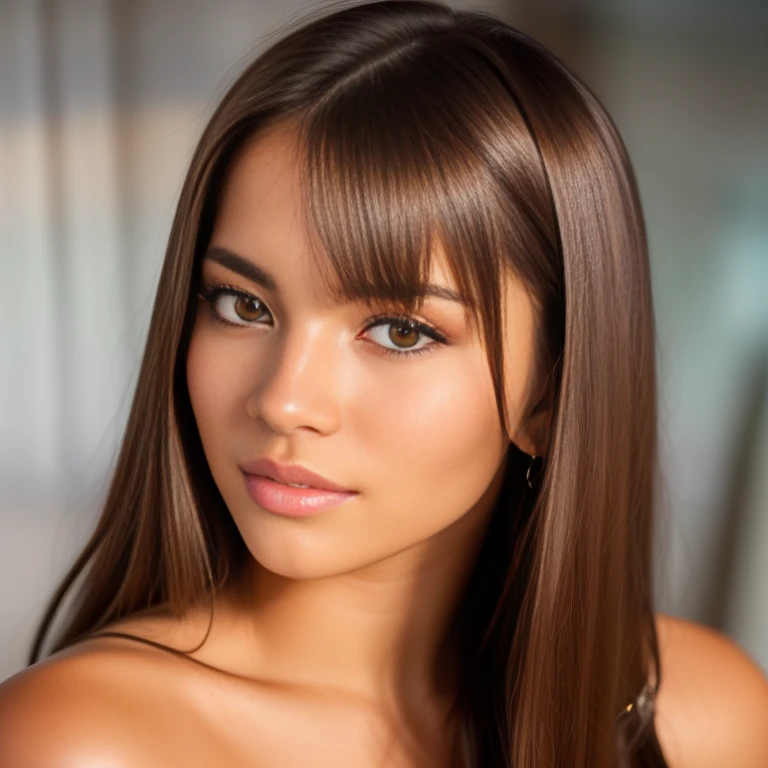 Portrait photo of a ((unbelievably stunning)) sks woman with (shiny brown hair),epic (photo, studio lighting, hard light, sony a7, 50 mm, matte skin,pores, colors, hyperdetailed, hyperrealistthereal, perfect face,( symmetrical:0.4),(highly detailed lips), young, 19 years old