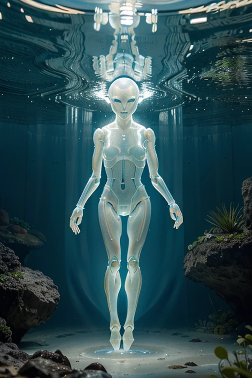  olhos grandes, Water Sprites，semi transparente，adolable, (((Translucent humanoid alien creature))), Luz, luz azul,, oceano, Plants in the water,Rico em Cores, bolhas de ar, golfinhos, capsula de luminosa