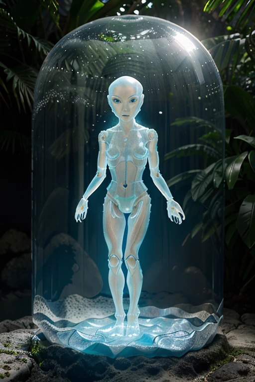 andar, hands and feet, olhos grandes, Water Sprites,semi transparente,adolable, (((Translucent humanoid alien creature))), Luz, luz azul,, oceano, Plants in the water,Rico em Cores, bolhas de ar, golfinhos, capsula de luminosa