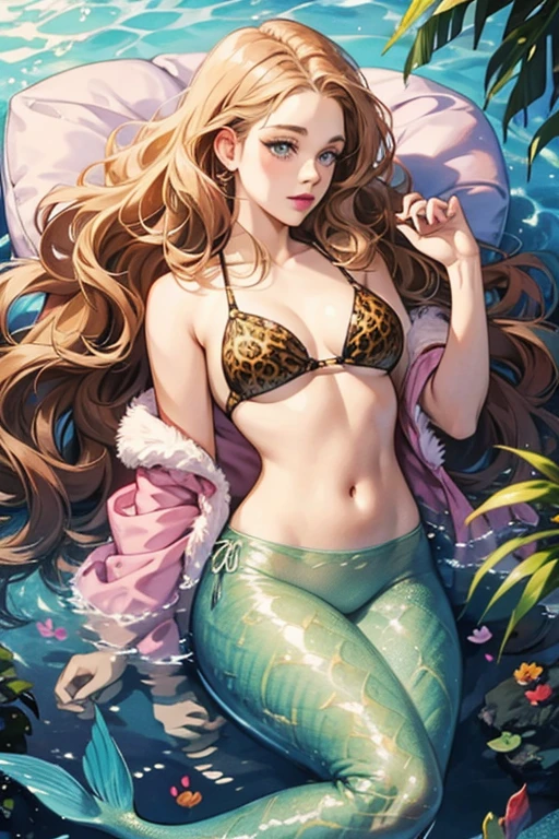 Adele is a youthful mermaid with beautiful curly hair that reaches past her shoulders, and has dark skin and pink lipstick. She wears a bikini top with a leopard skin pattern, and her tail is red in color with several zig-zag patterns all of which is being different hues of red themselves.