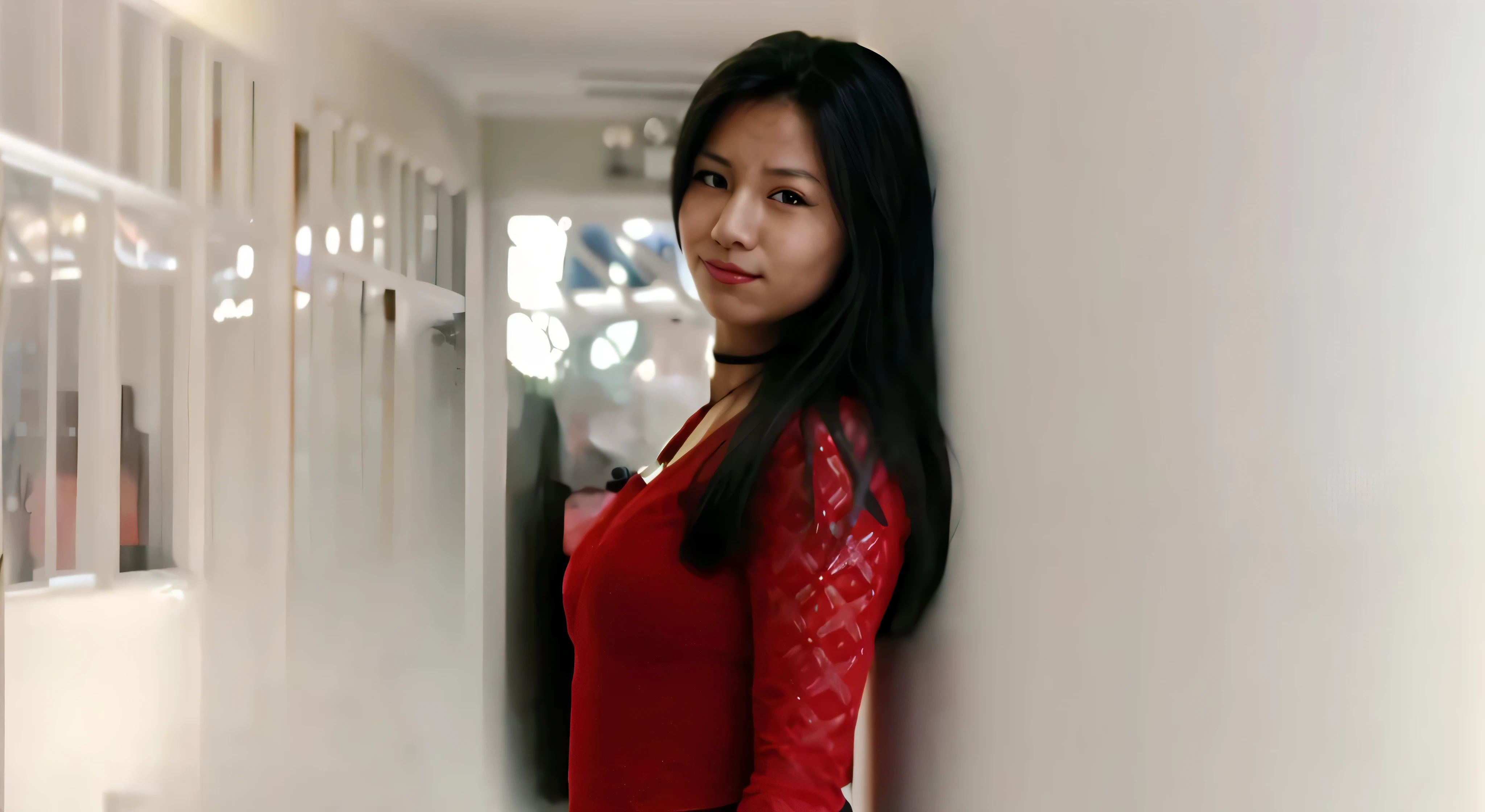 Hay una mujer parada en un pasillo con un top rojo., en rojo y negro, en un vestido rojo, young Asian girl, Asian girl, con vestido rojo, pelo largo y camisa roja, con un vestido rojo, asian female, beautiful Asian girl, asian female, Mai Anh Tran, a young asian female, an asian female, young cute wan asian face