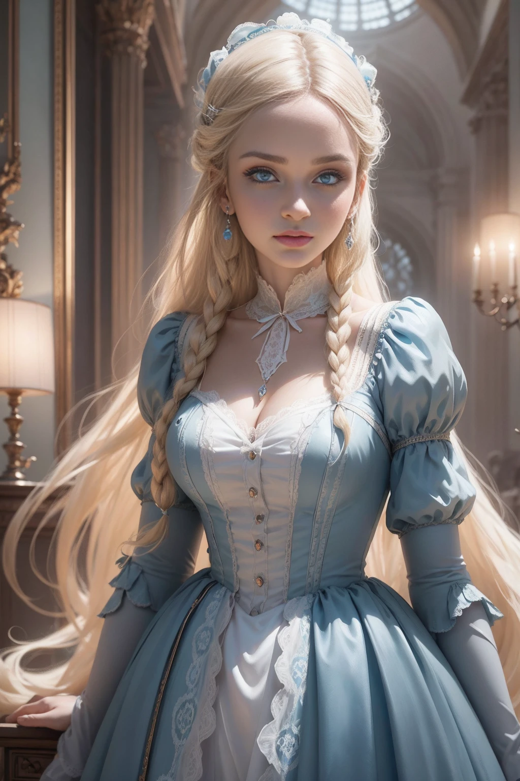 { - erro de anatomia}(Masterpiece - Ultra-Detailed, High Resolution) Prepare to be enchanted by a true masterpiece that combines ultra-detailed art with high-resolution rendering. This work shows a mesmerizing girl with long blonde hair (1.3) and captivating light blue eyes (1.2), emanating an aura of elegance and mystery. The intricate details and realistic textures invite you to explore every aspect of this enchanting composition. Girl wearing classic Victorian costumes. Light blue dress. Red lips. Backwards, looking back. Get ready to dive into a world where beauty and craftsmanship merge perfectly.