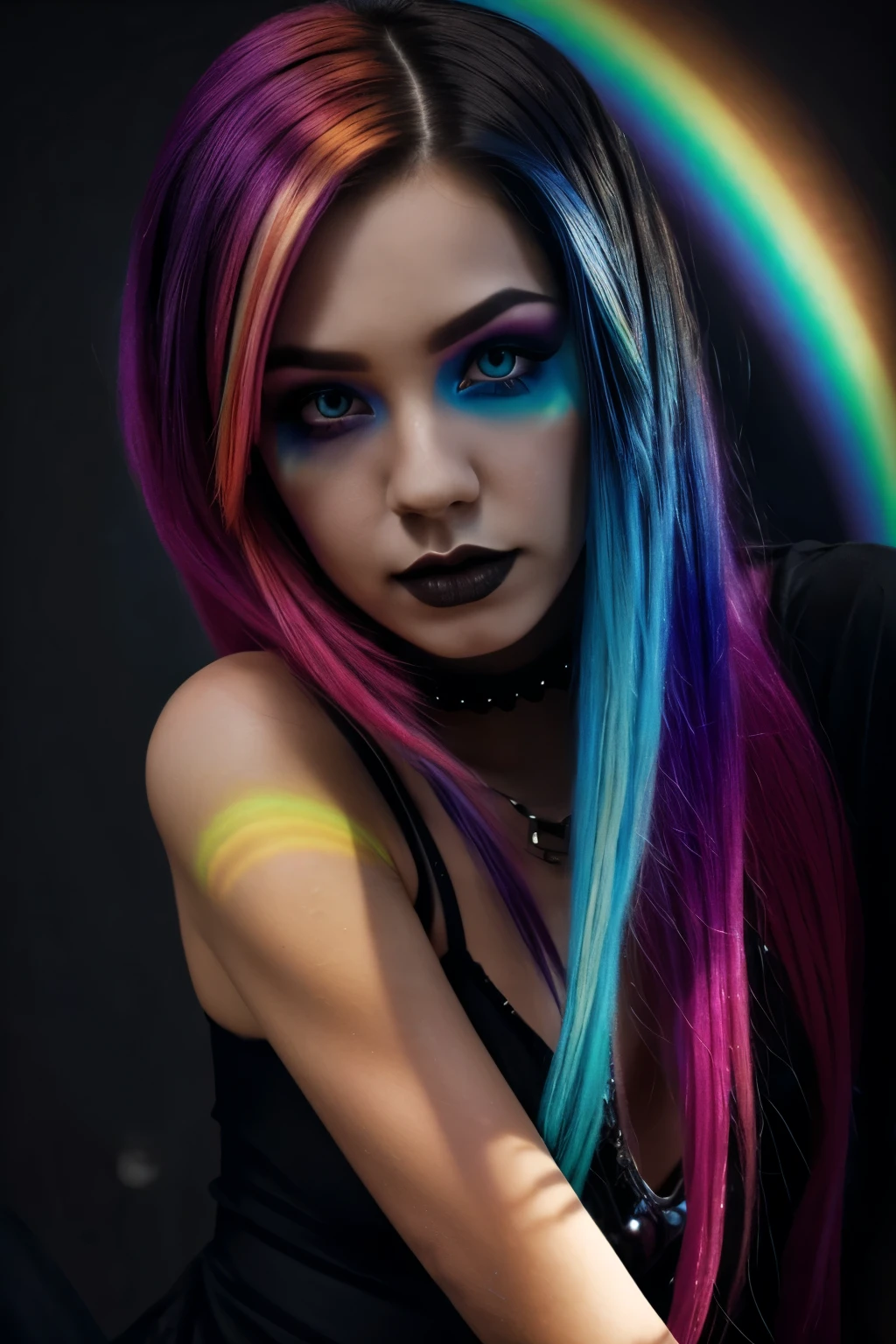 thin gothic girl, inside, light skin, dark make up, beautiful, half body shown, colourful hair rainbow, realistic, high definition,realism