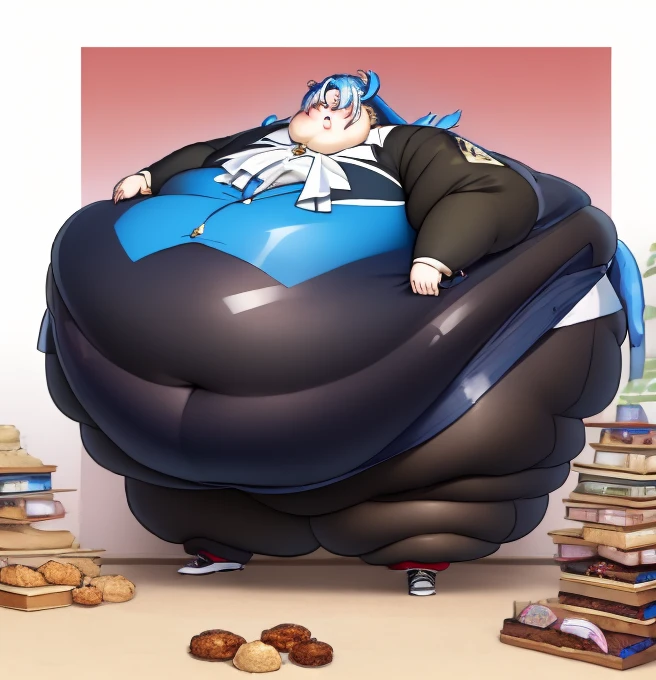 masterpiece, best quality, 1boy, neuvillette, long hair, blue hair, suit ,ascot, Beautiful face and Eyes:1.4,  background: Candyland,(high_aesthetic), ((WeightObese:1.6)), ((Wide Hips:1.3)), ((Large  Round Belly)), Thick thighs, ((Large Ass)),Embarrassed,  being Surrounded by  food , Sumo