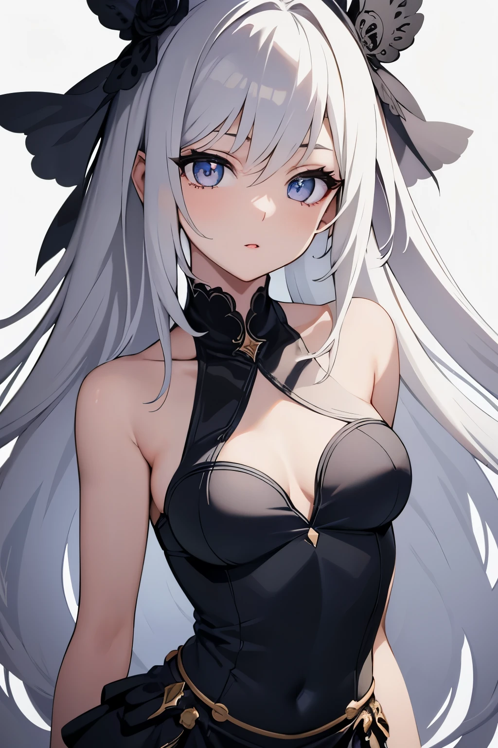 1girl, anime, cute girl, blank background, white background, fantasy, detailed dark fantasy dress with highlights, beautiful face, beautiful eyes, dark colors, silver hair, slightly small breasts, slight cleavage, beautiful skin, cute, breast curtains, extremely delicate and beautiful, (beautiful detailed face:1.0), (detailed deep eyes), symmetrical breasts, deep eyes, shiny skin, portrait, slender waist, hips wider than shoulders, thighs, young girl, expressionless