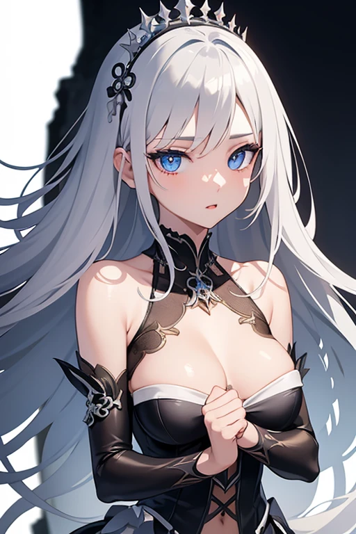 1girl, anime, cute girl, blank background, white background, fantasy, detailed dark fantasy dress with highlights, beautiful face, beautiful eyes, dark colors, silver hair, slightly small breasts, slight cleavage, beautiful skin, cute, breast curtains, extremely delicate and beautiful, (beautiful detailed face:1.0), (detailed deep eyes), symmetrical breasts, deep eyes, shiny skin, portrait, slender waist, hips wider than shoulders, thighs, young girl, expressionless