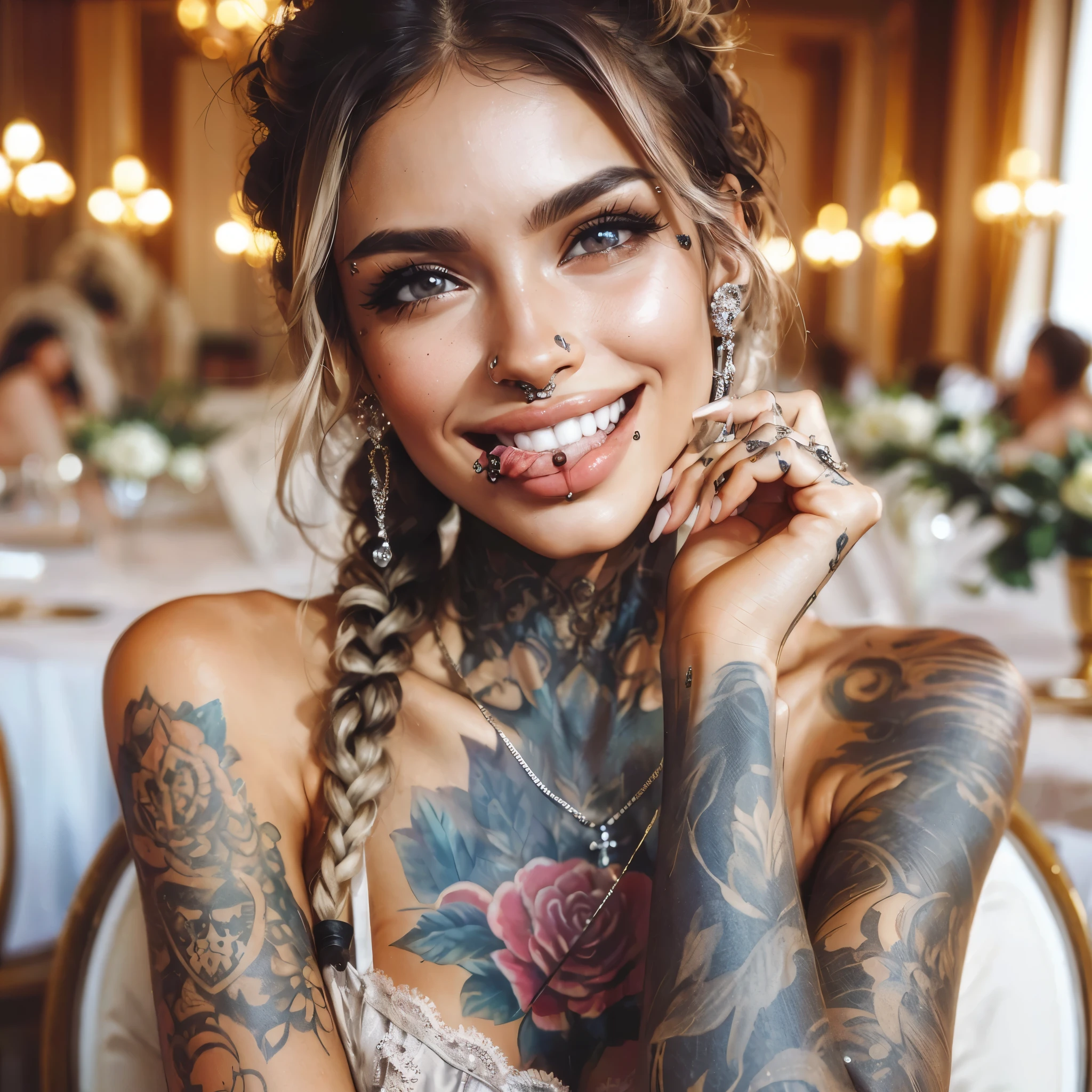 Generate a lady with large breast wearing summer dress, showing her tongue with piercing, smile, beautifull, nose piercing, lips piercing, tongue piercing, so many ears piercing, body modification, face tattoo, split tongue, cheek piercing,wearing so many earring, ring, bracelet, necklace, forehead tattoo, masterpiece, best quality:1.2),,(8k,highres,RAW photo,realistic,photo-realistic:1.3),(detailed skin texture,detailed cloth texture,beautiful detailed face:1.25),professional lighting,photon mapping,beautiful soft light,radiosity,physically-based rendering,raytracing, model shoot style, model shoot style, (extremely detailed CG unity 8k wallpaper), full shot body photo of the most beautiful artwork in the world, (((nsfw))), ((expensive camera photoshoot))