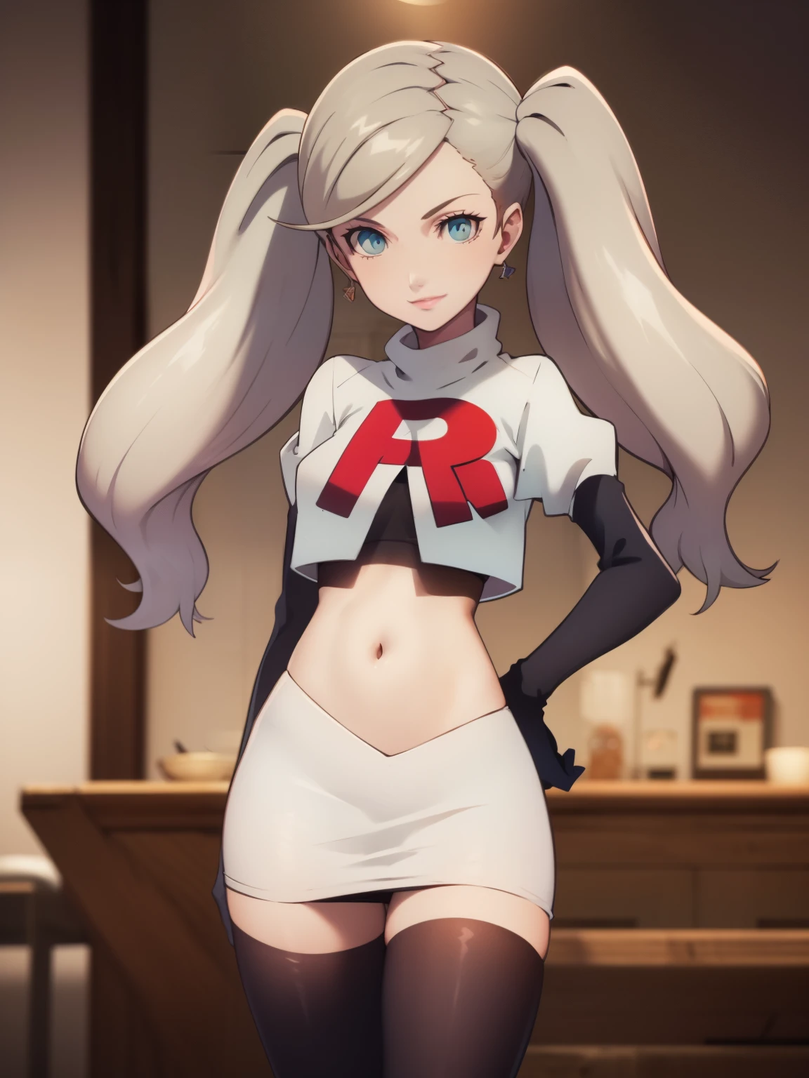 AnnTak, glossy lips ,team rocket uniform, red letter R, white skirt,white crop top,black thigh-high boots, black elbow gloves, evil smile, looking at viewer, cowboy shot