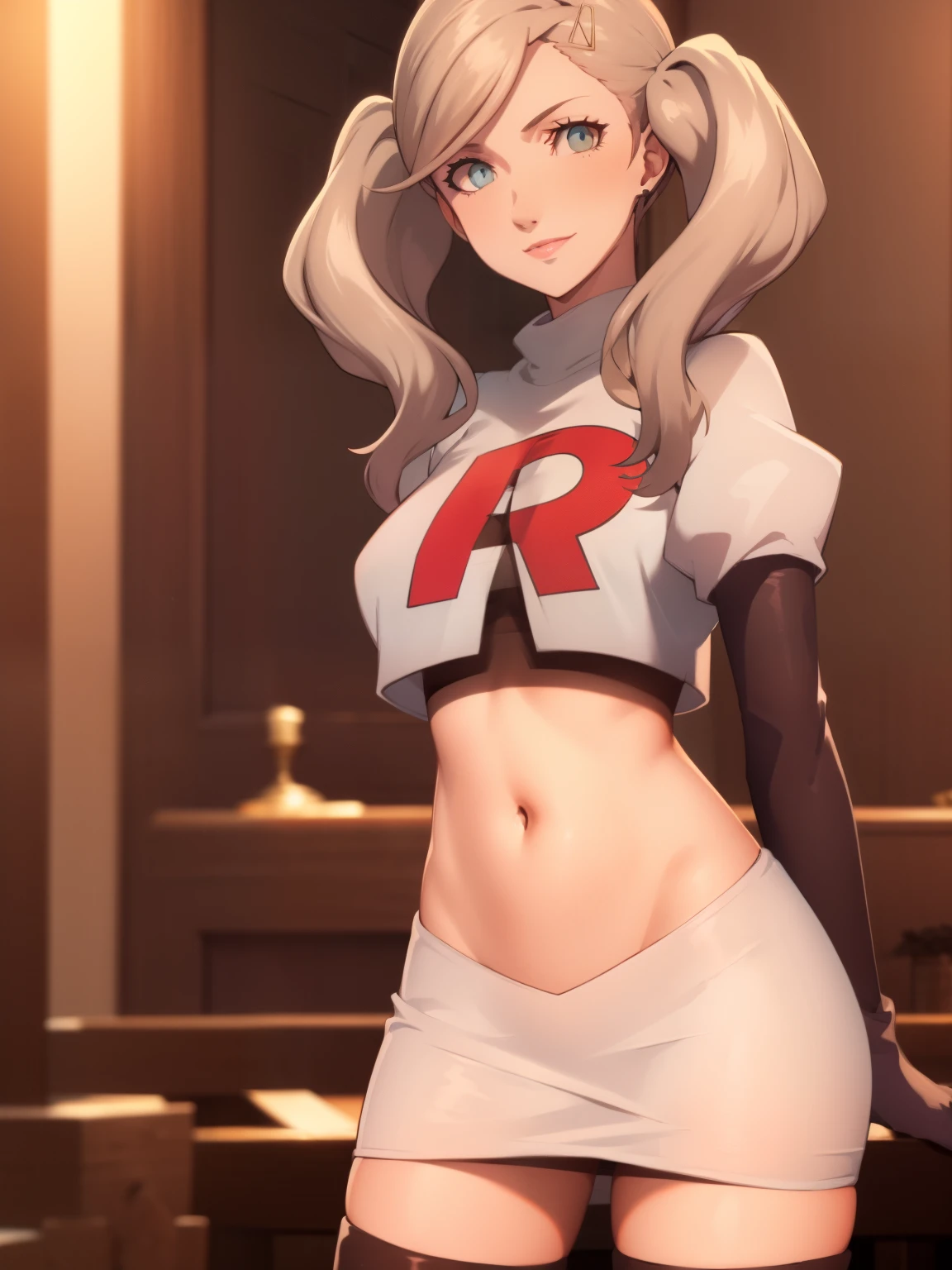 AnnTak, glossy lips ,team rocket uniform, red letter R, white skirt,white crop top,black thigh-high boots, black elbow gloves, evil smile, looking at viewer, cowboy shot