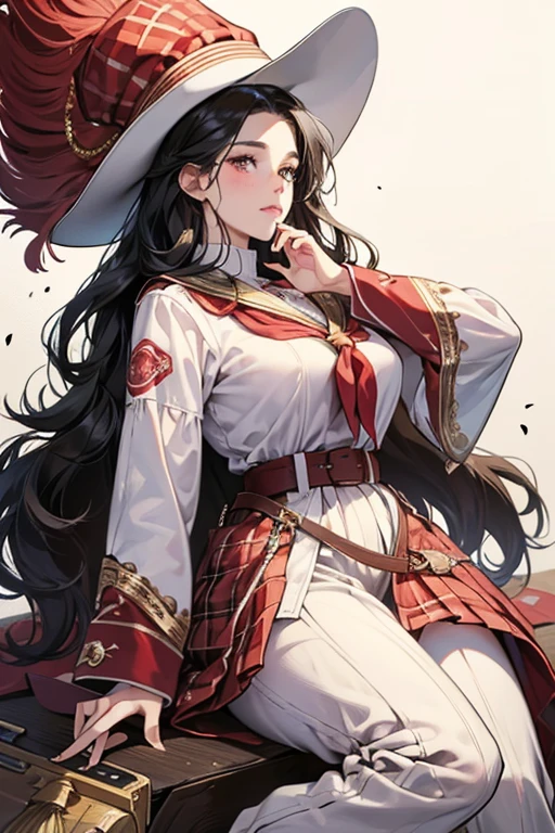 she has long wavy black hair and freckles on her cheeks. She wore a white cowgirl hat with a large red plume, a red neckerchief, a pink plaid shirt, and a blue captain's coat over it with the arms in the sleeves,She wore rings on her fingers and her long sharp fingernails had red polish. She had a purple sash with a flintlock pistol tucked in it and some jewels. She also wore graying pants and red shoes with gold buckles.