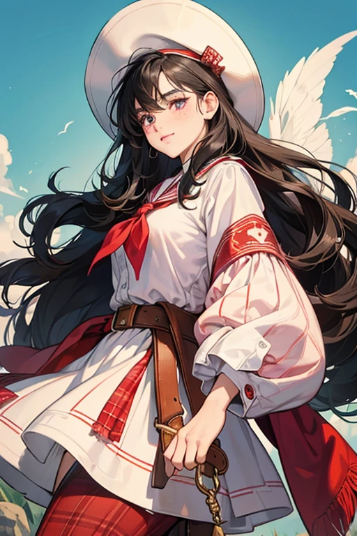 she has long wavy black hair and freckles on her cheeks. She wore a white cowgirl hat with a large red plume, a red neckerchief, a pink plaid shirt, and a blue captain's coat over it with the arms in the sleeves,She wore rings on her fingers and her long sharp fingernails had red polish. She had a purple sash with a flintlock pistol tucked in it and some jewels. She also wore graying pants and red shoes with gold buckles.