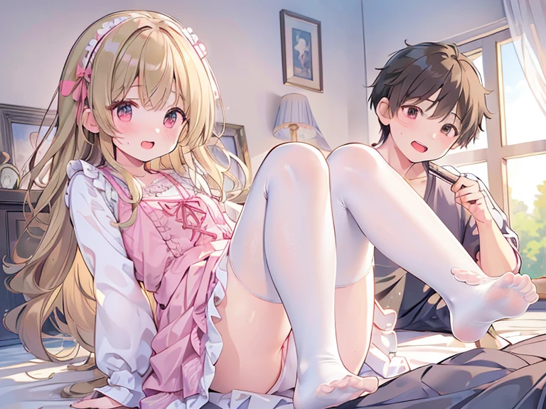 photo realistic, (masterpiece,best quality:1.4),(8k,raw photo,photo realistic:1.2), detailed skin,detailed face,(1boy and 1girl,having fuck:1.8),hug from behind, 1girl,Japanese idol,cute face, , Not Safe for Work, Pink Underwear, (((NO Panties))), ((Open twat))), anus, happy, medium bob, underwear on the floor grasping one's panties, blonde hair, ((wavy hair)),((pretty fingers)),((beautiful feet)),Little Girlgs, twat, ((frilled legwear)) ,hairband, child, small breasts, pink kawaii room , pink gothic room, messy room, Marchen, macarons, Candy, ribbon, small window, (Miscellaneous goods are placed in a mess:1.3),dresser, antimacassar ,