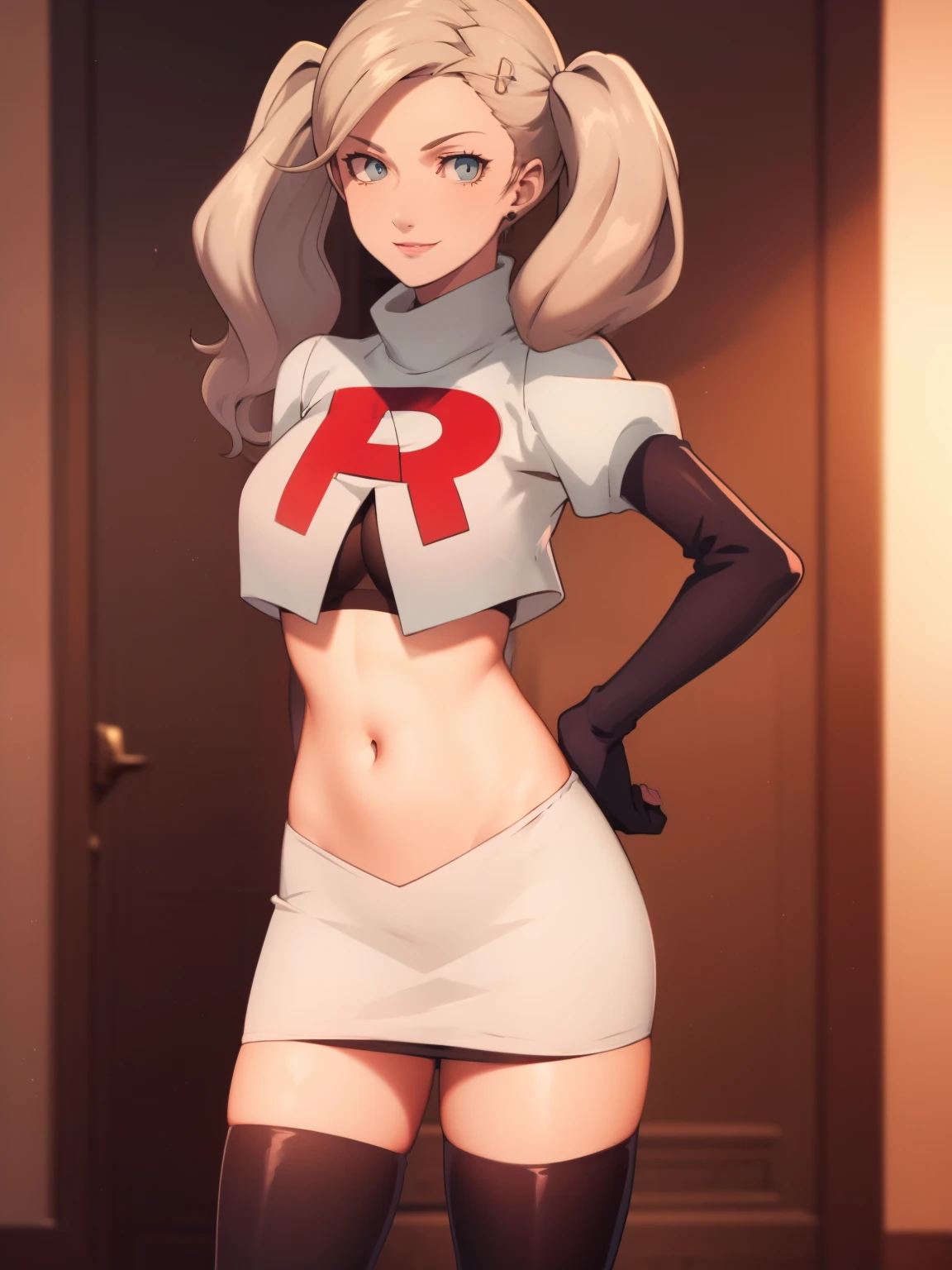 AnnTak, glossy lips ,team rocket uniform, red letter R, white skirt,white crop top,black thigh-high boots, black elbow gloves, evil smile, looking at viewer, cowboy shot