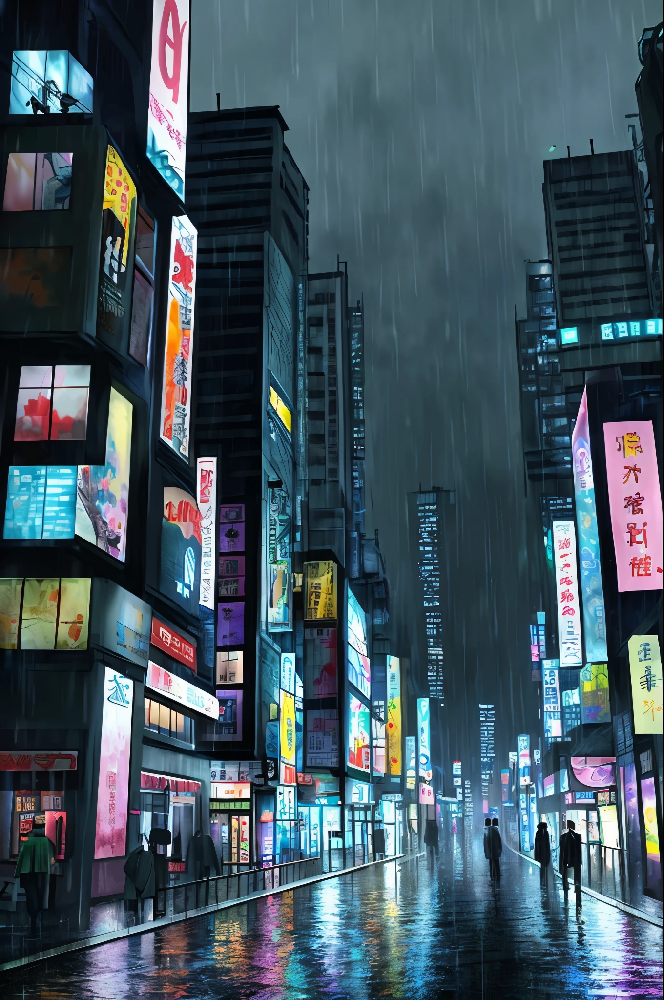 night city, heavy rain, anime style