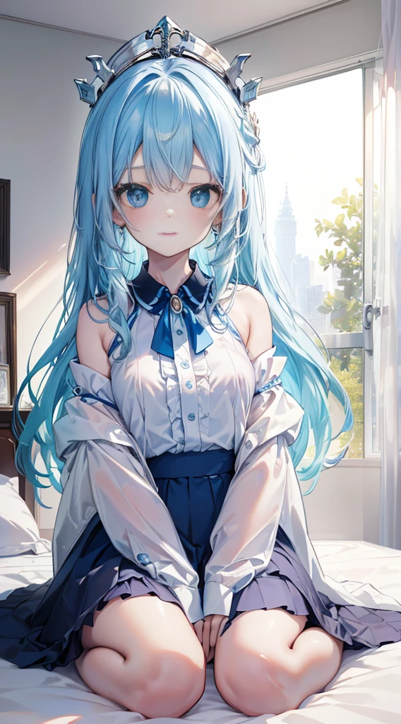 (8K、image quality、quality、masterpiece)、A detailed的the face、1 girl in、lightblue hair、long、Wavy hair、No pressure for blue eyes、nipple piercinoderate、whitet-shirt、Dabo Dabo、shoulders outward、wariza、((The room was messy)) Above the knee