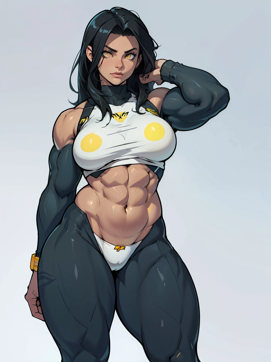 girl solo standing (((muscular girl toned body large breasts thick))) yellow eyes black hair pale skin perfect anatomy perfect anatomy perfect anatomy highly detailed best quality detailed eyes highly detailed best quality detailed eyes