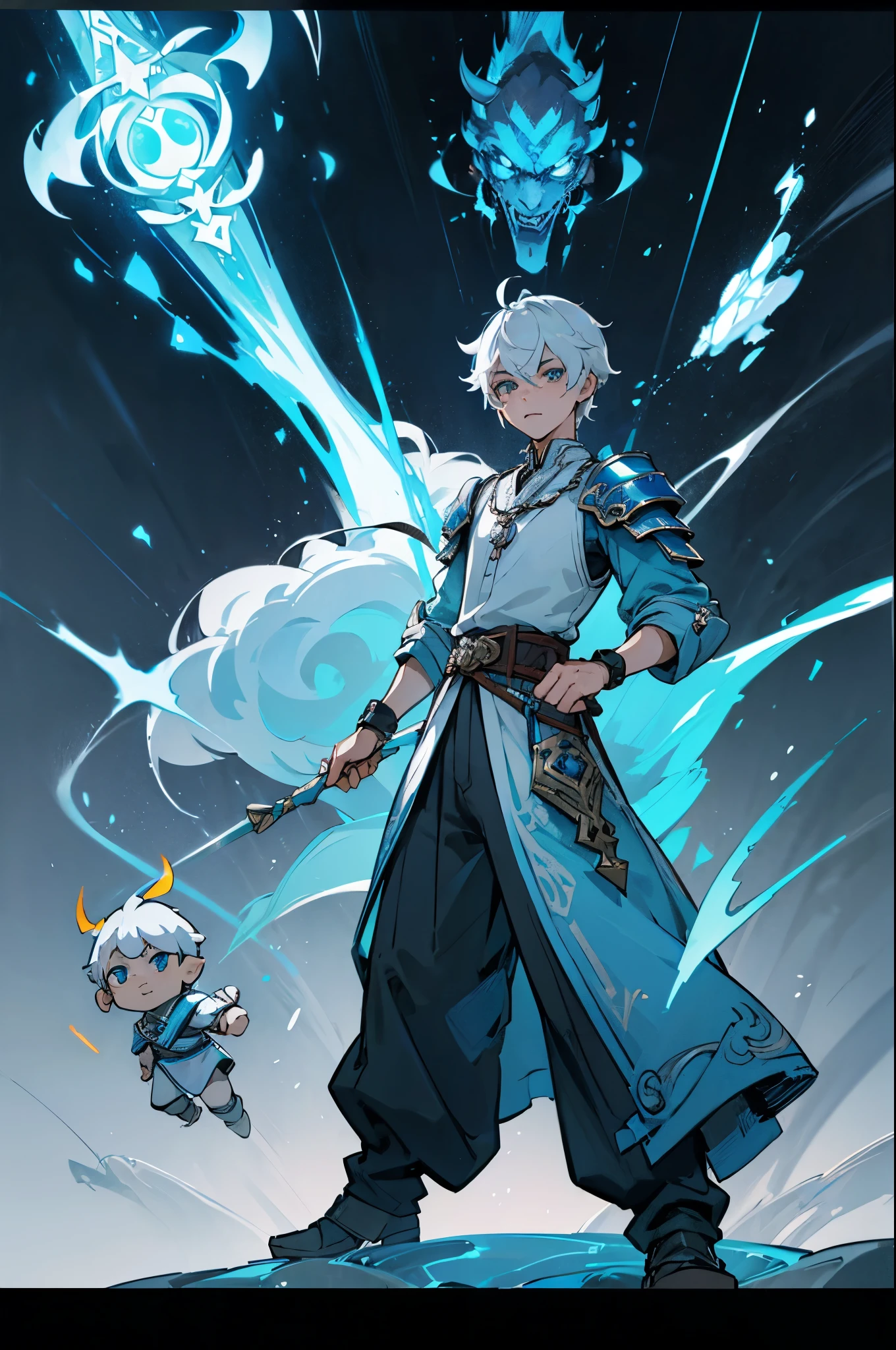 white color hair，eBlue eyes，Dressed in blue, Gray-black pants，Official character art, ( ( Character concept art ) ), 《the first god》Ke Qingyu, full body concept art, Genshin impact's character, botw style, casimir art, full body character concept art, detailed full body concept art, JRPG character art, human male character art，There are bronzing patterns on the clothes，shaped like thunder and lightning，Wristband set with gemstones，There  a silver and blue case.，jeweled belt，There are hanging ornaments on the legs，The pants have a tattered feel like they have been through a battle..，Noble temperament，Shoulder armor silver blue lightning pattern.，Wear a lightning-shaped necklace，stand posture，Chinese-style figures