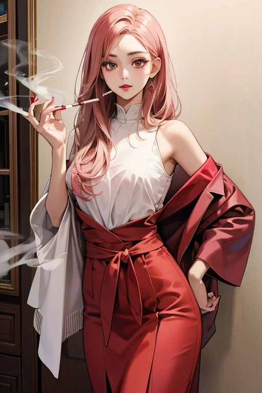 Hina is a tall, slim woman with dark brown eyes and straight, waist-length pink hair worn in a middle part. She wears dark red lipstick and is sometimes seen smoking a cigarette.