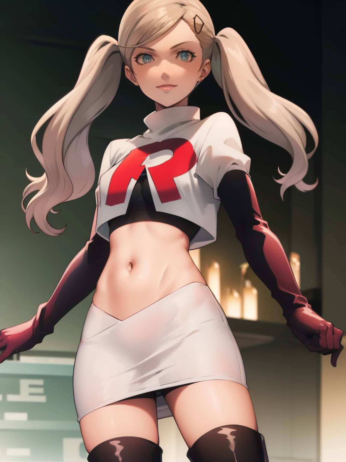 AnnTak, glossy lips ,team rocket uniform, red letter R, white skirt,white crop top,black thigh-high boots, black elbow gloves, evil smile, looking at viewer, cowboy shot