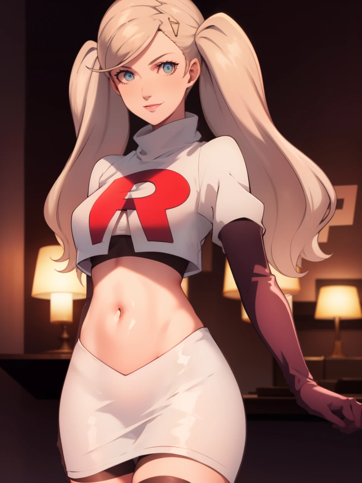 AnnTak, glossy lips ,team rocket uniform, red letter R, white skirt,white crop top,black thigh-high boots, black elbow gloves, evil smile, looking at viewer, cowboy shot