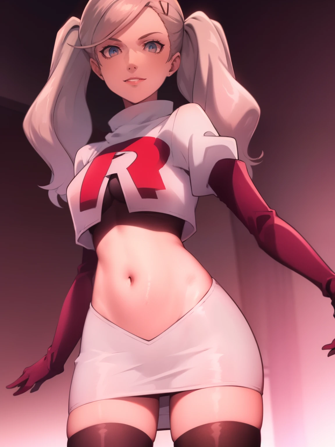 AnnTak, glossy lips ,team rocket uniform, red letter R, white skirt,white crop top,black thigh-high boots, black elbow gloves, evil smile, looking at viewer, cowboy shot