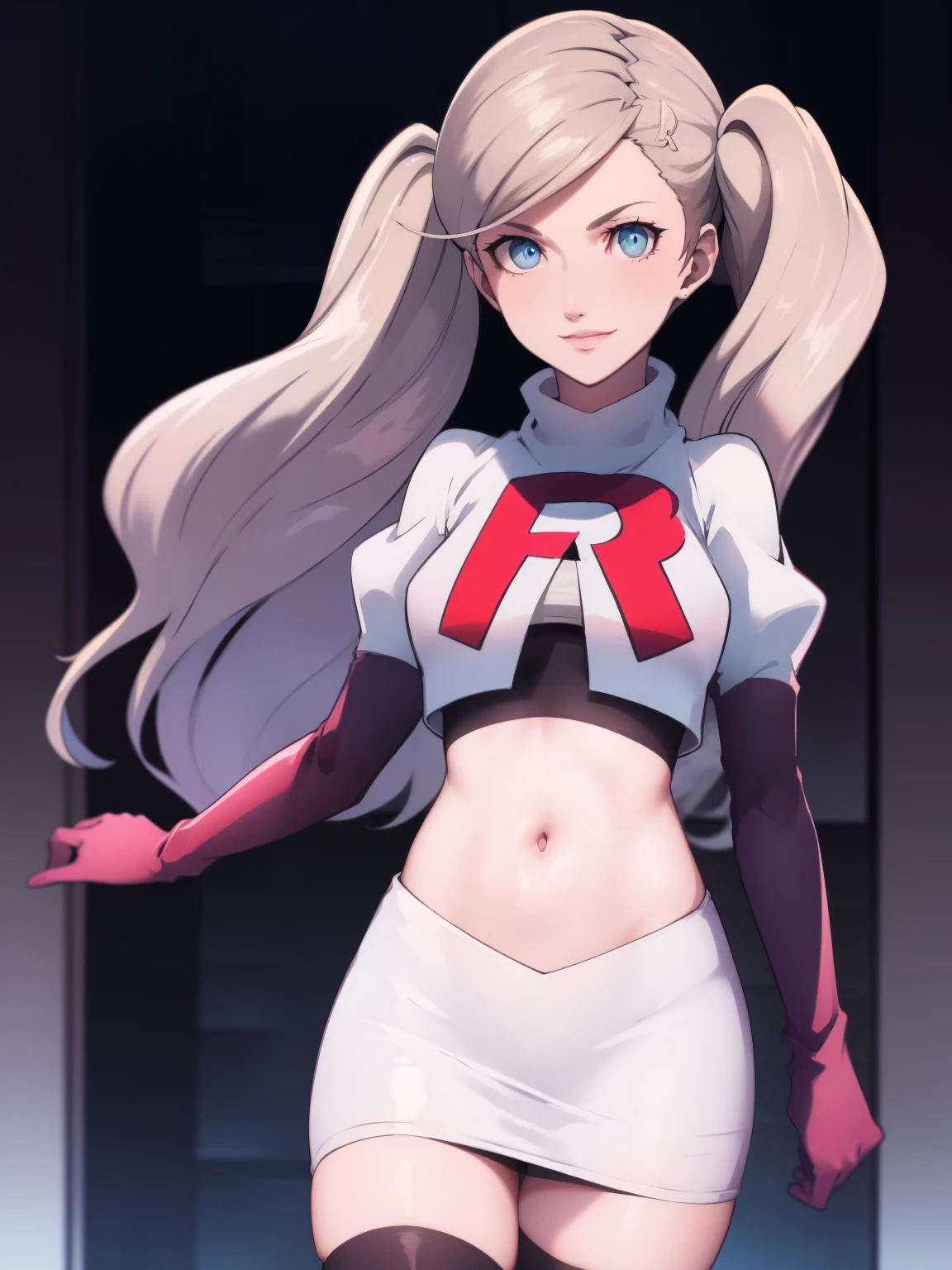 AnnTak, glossy lips ,team rocket uniform, red letter R, white skirt,white crop top,black thigh-high boots, black elbow gloves, evil smile, looking at viewer, cowboy shot