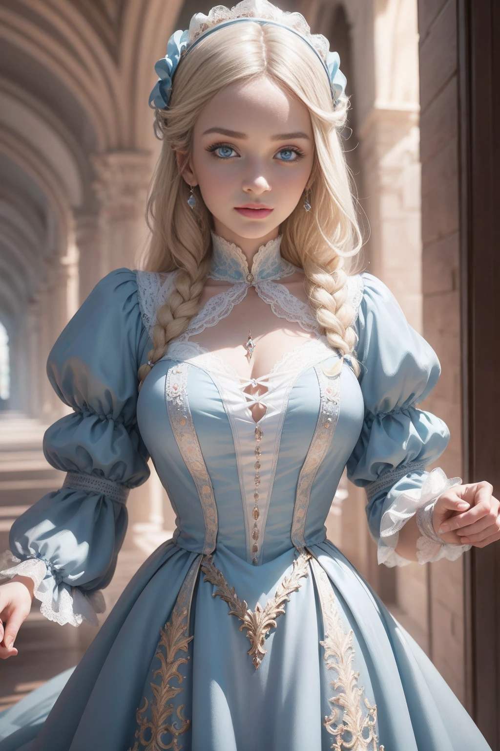 { - erro de anatomia}(Masterpiece - Ultra-Detailed, High Resolution) Prepare to be enchanted by a true masterpiece that combines ultra-detailed art with high-resolution rendering. This work shows a mesmerizing girl with long blonde hair (1.3) and captivating light blue eyes (1.2), emanating an aura of elegance and mystery. The intricate details and realistic textures invite you to explore every aspect of this enchanting composition. Girl wearing classic Victorian costumes. Light blue dress. Red lips. Dancing lightly. Get ready to dive into a world where beauty and craftsmanship merge perfectly.